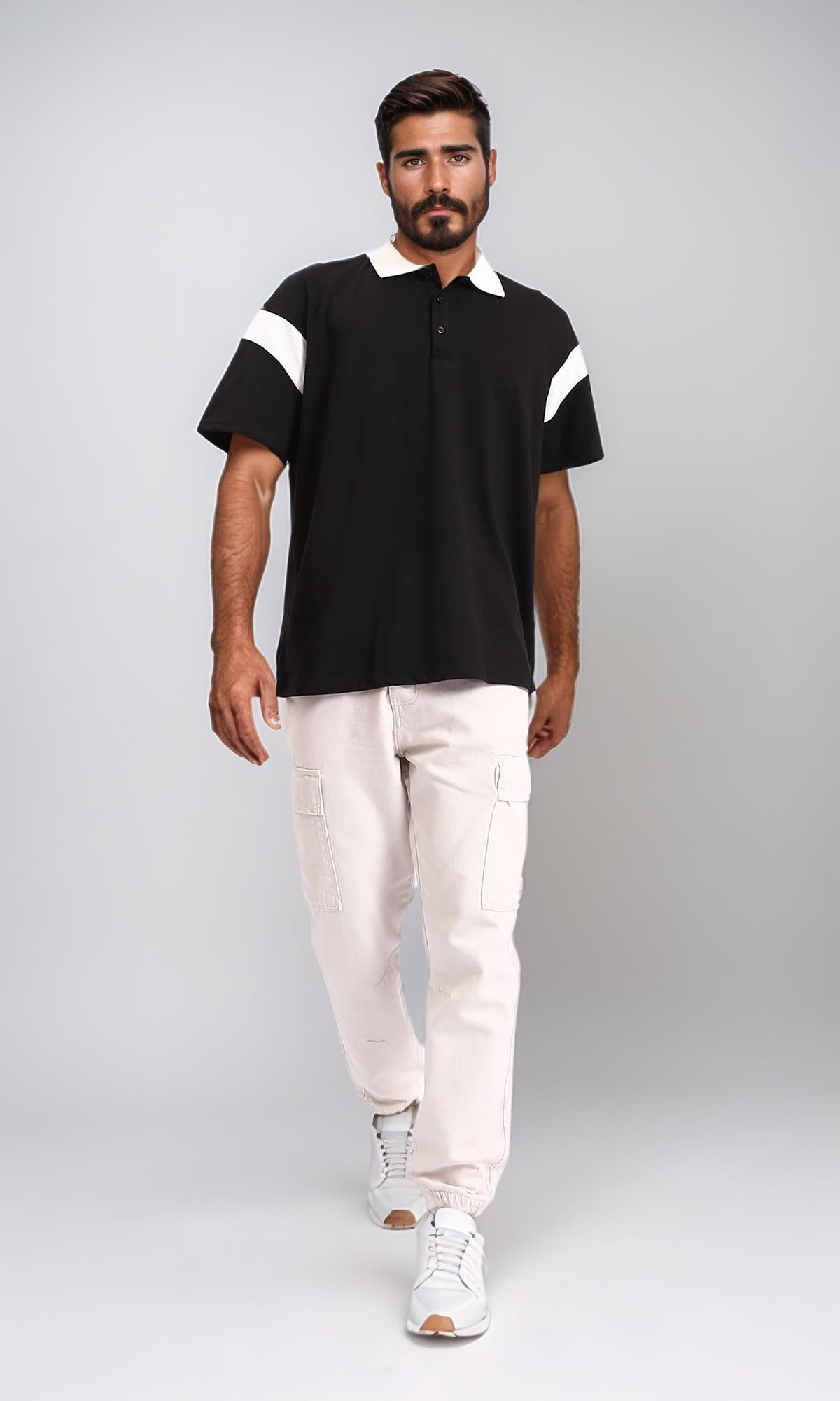 R208958 - Relaxed Elbow Sleeves Casual Polo Shirt - Black