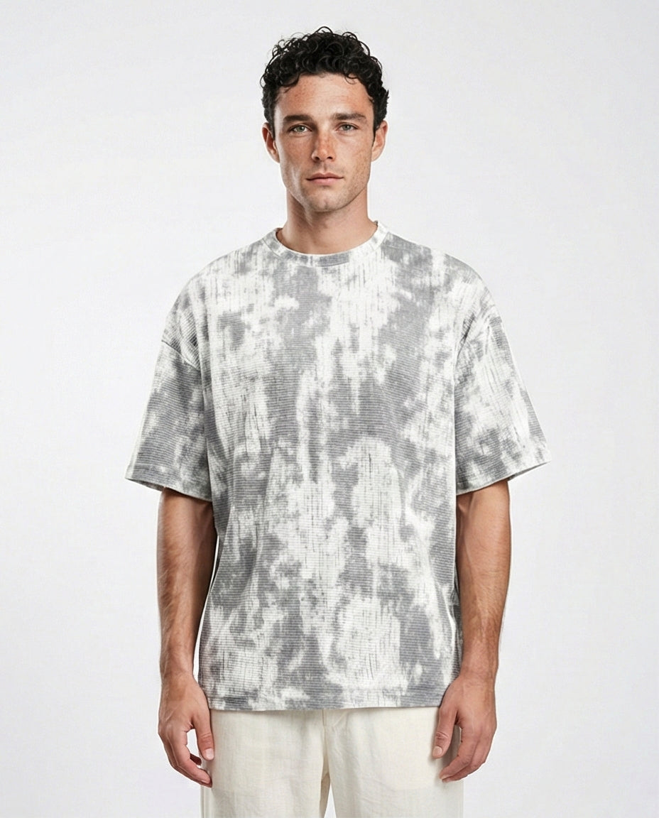 Tie Dye Elbow Sleeves Cotton Tee - White & Grey