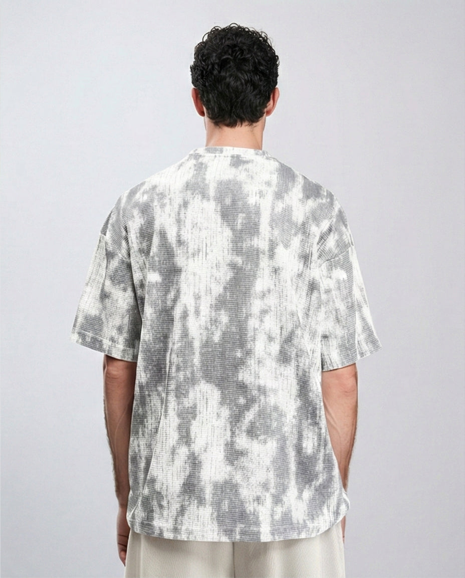 R208961 - Tie Dye Elbow Sleeves Cotton Tee - White & Grey