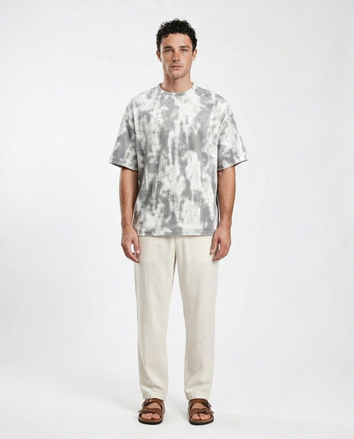 R208961 - Tie Dye Elbow Sleeves Cotton Tee - White & Grey