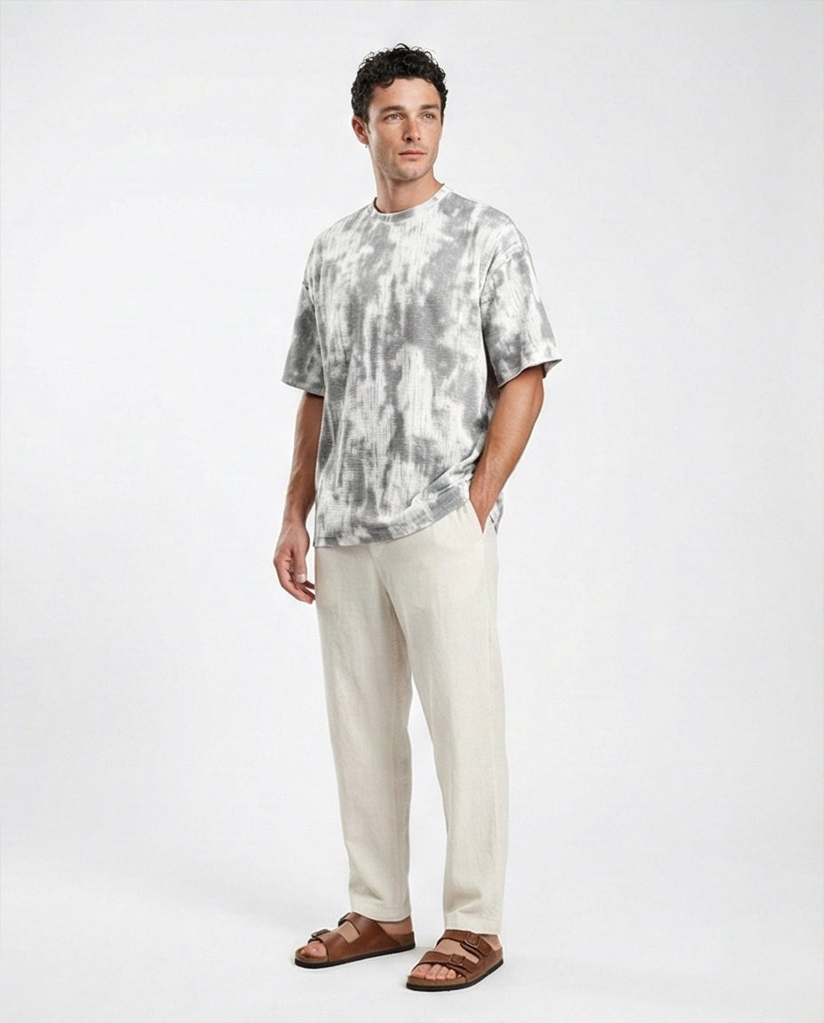 R208961 - Tie Dye Elbow Sleeves Cotton Tee - White & Grey