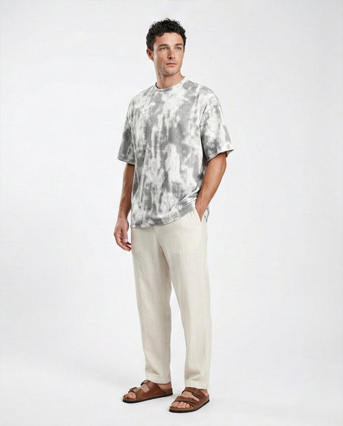 R208961 - Tie Dye Elbow Sleeves Cotton Tee - White & Grey