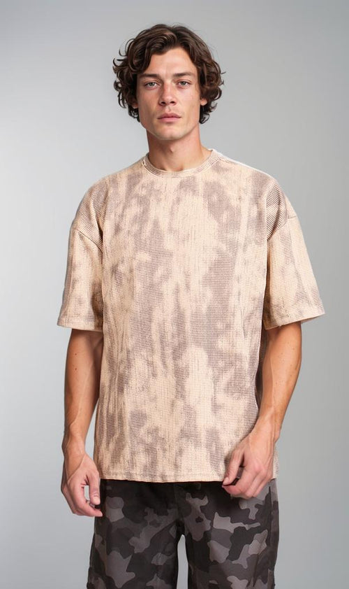 R208964 - Waffle Textured Oversized T-Shirt - Beige & Brown