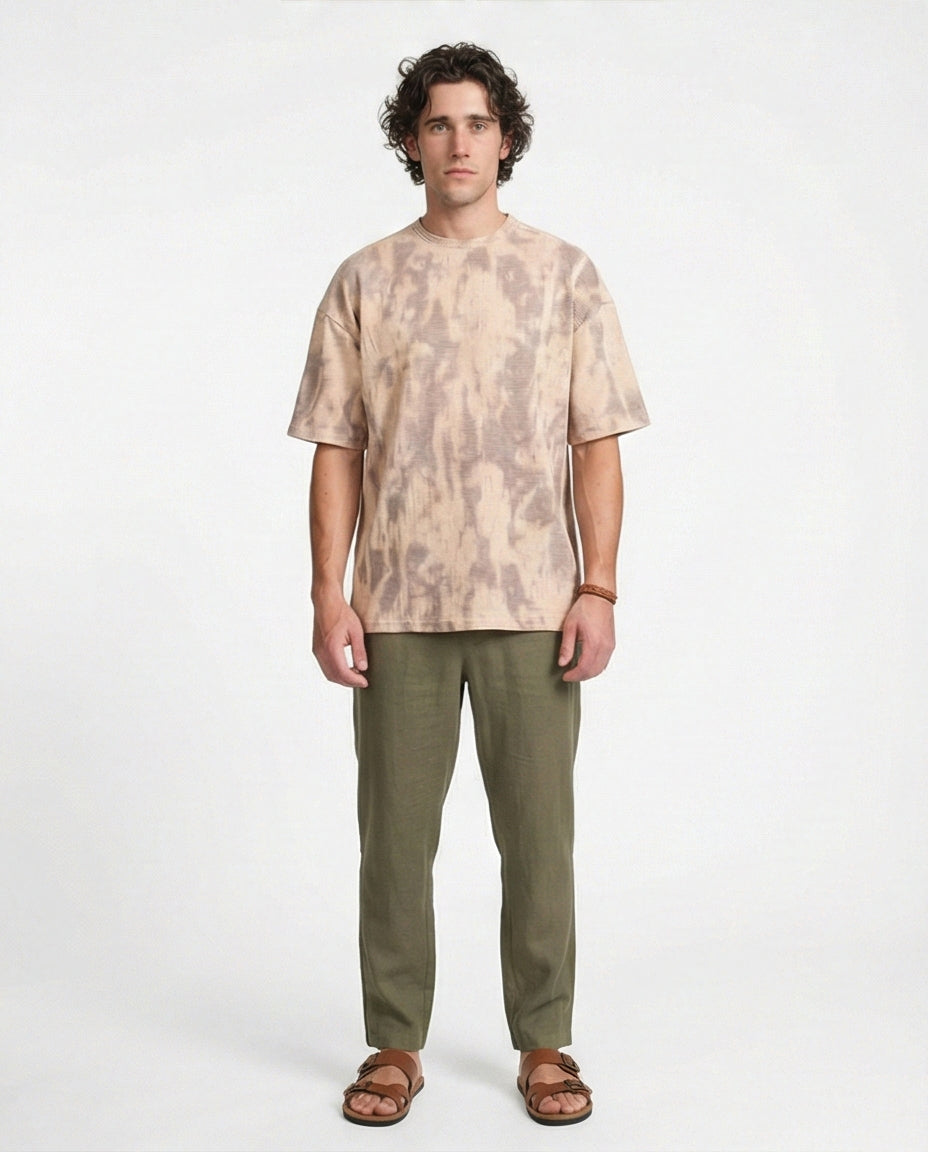 R208964 - Waffle Textured Oversized T-Shirt - Beige & Brown