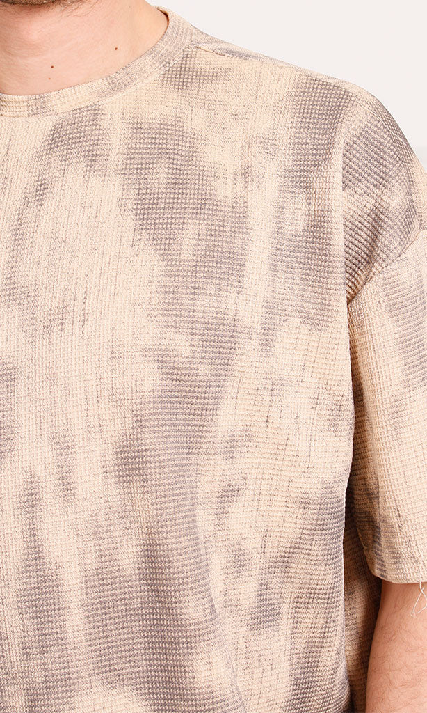 R208964 - Waffle Textured Oversized T-Shirt - Beige & Brown