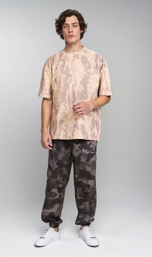 R208964 - Waffle Textured Oversized T-Shirt - Beige & Brown