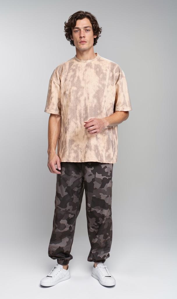 R208964 - Waffle Textured Oversized T-Shirt - Beige & Brown