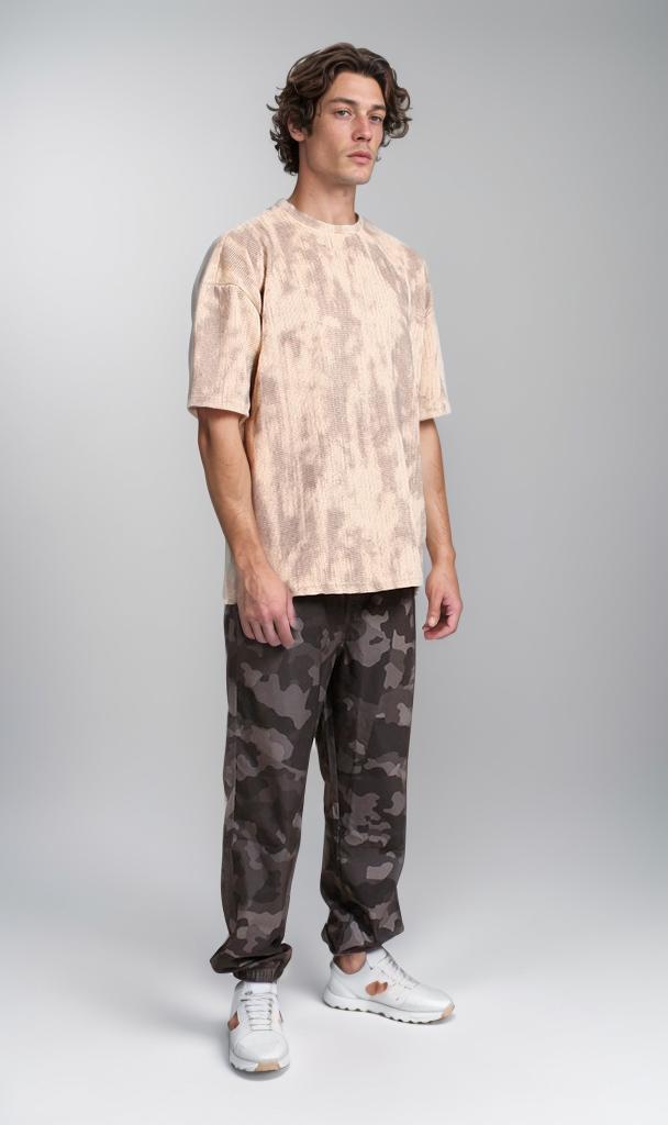 R208964 - Waffle Textured Oversized T-Shirt - Beige & Brown
