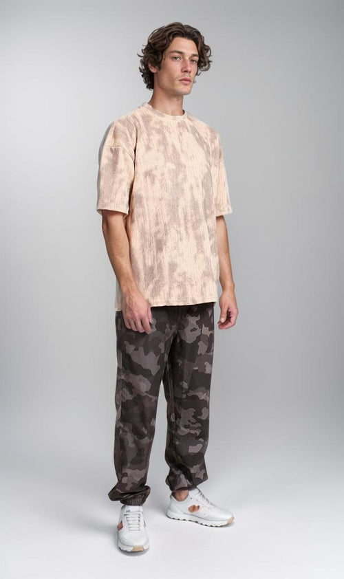 R208964 - Waffle Textured Oversized T-Shirt - Beige & Brown