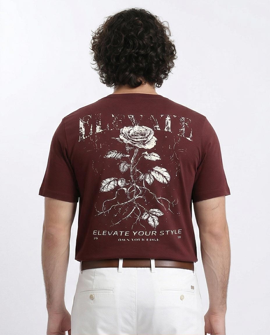 Ravin Men's "Elevate Your Style" Rose Print Crewneck T-Shirt – Burgundy - R208972