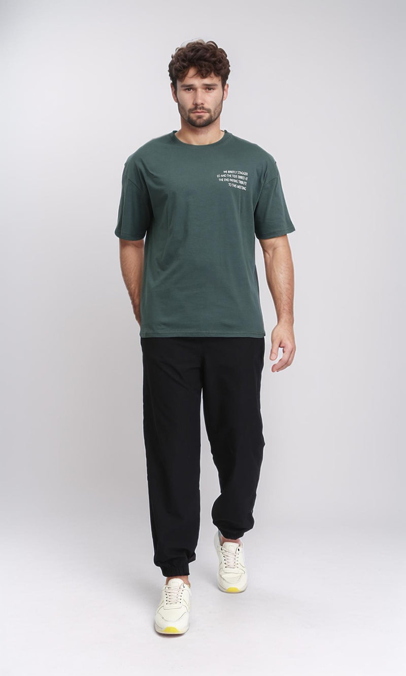 R208974 - Relaxed Fit Elbow Sleeves Cotton Tee - Dark Green