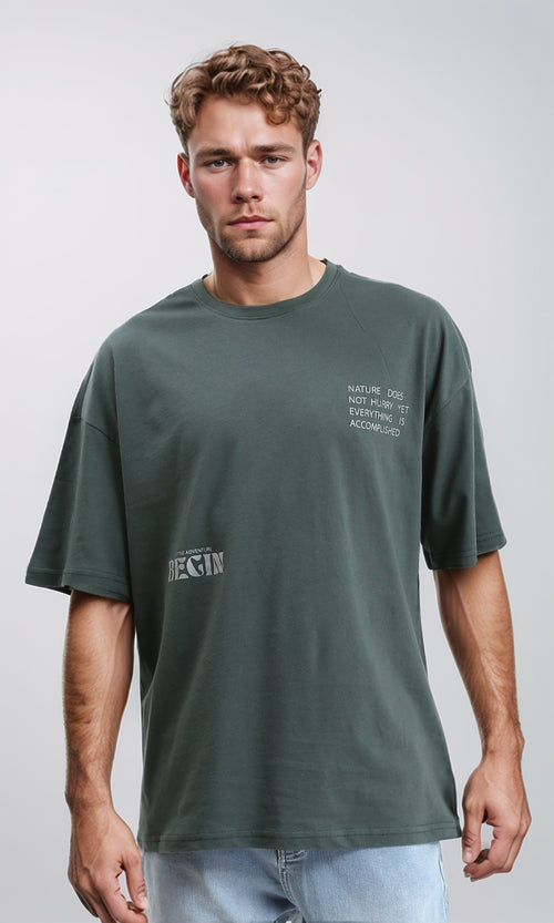 R208975 - Round Neck Printed Cotton Tee - Dark Jade