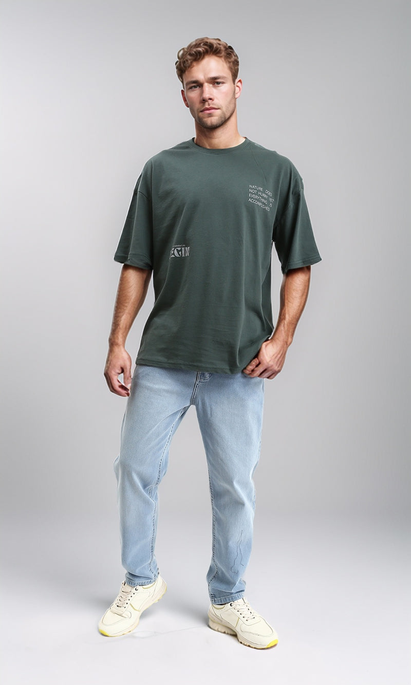 R208975 - Round Neck Printed Cotton Tee - Dark Jade