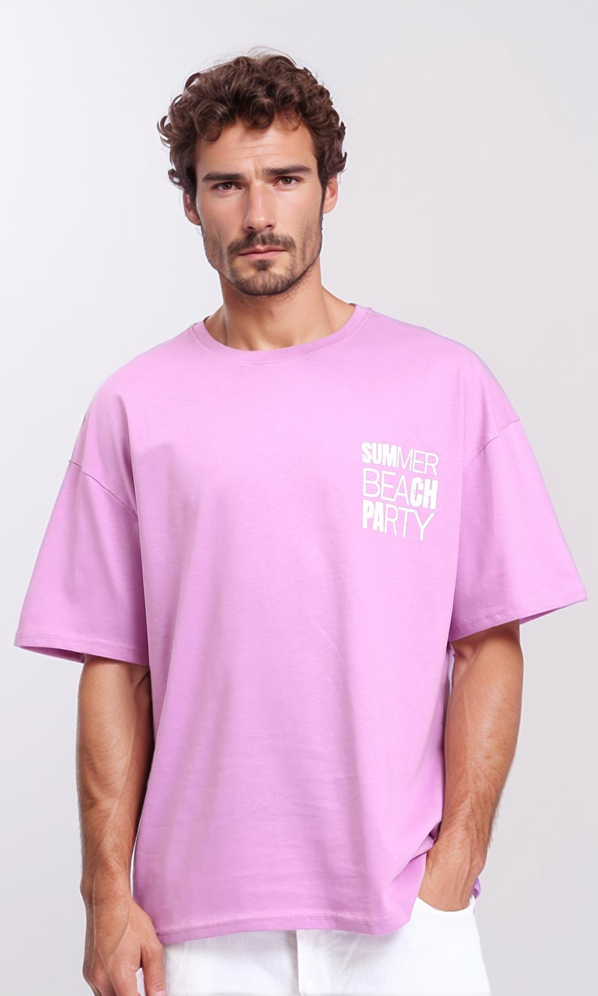 Printed "summer Beach Party" Cotton Tee - Orchid