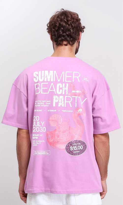 R208979 - Printed "Summer Beach Party" Cotton Tee - Orchid