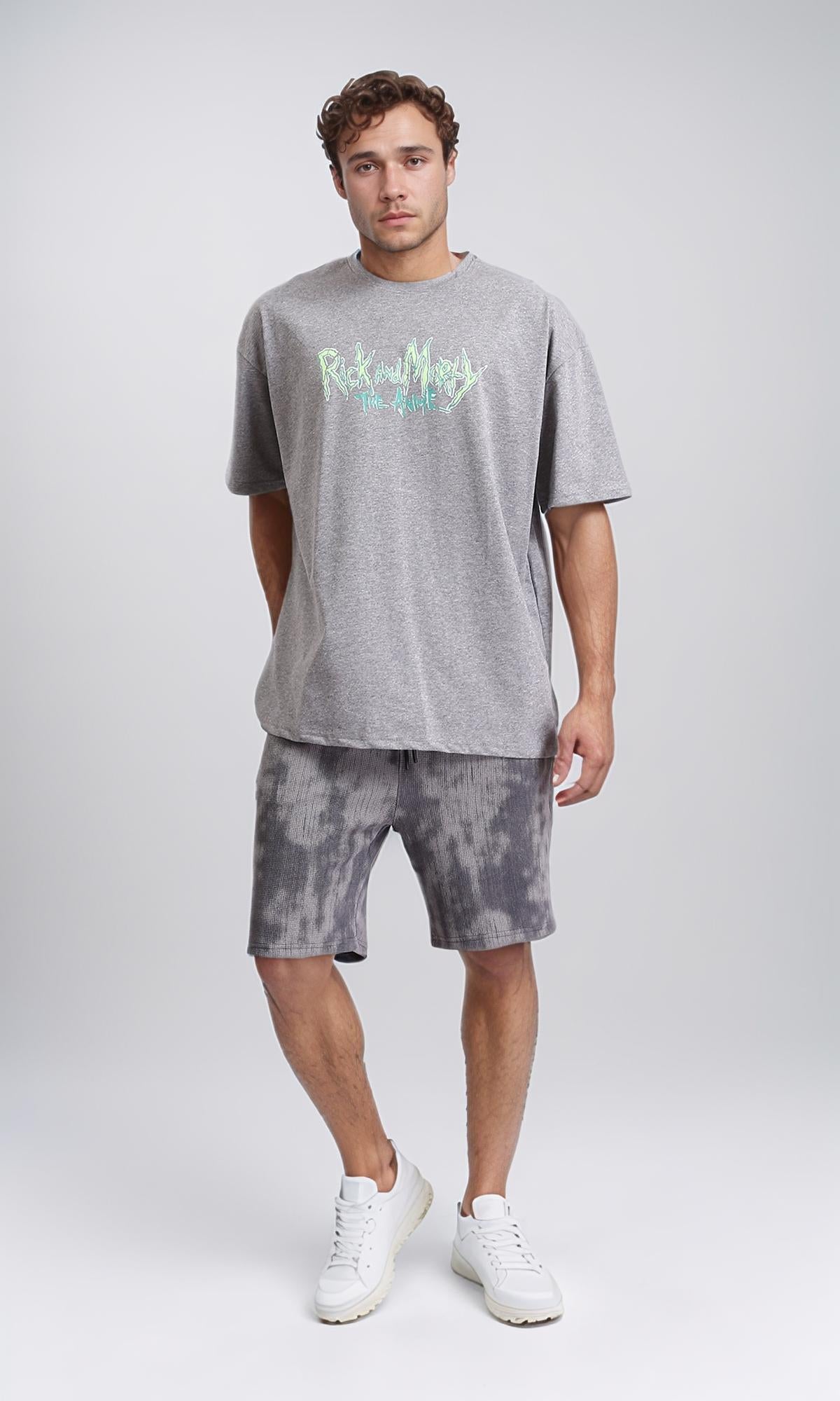 R208982 - Printed Elbow Sleeves Cotton Tee - Heather Grey
