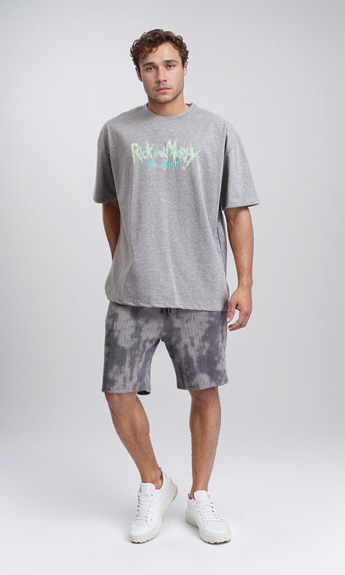R208982 - Printed Elbow Sleeves Cotton Tee - Heather Grey