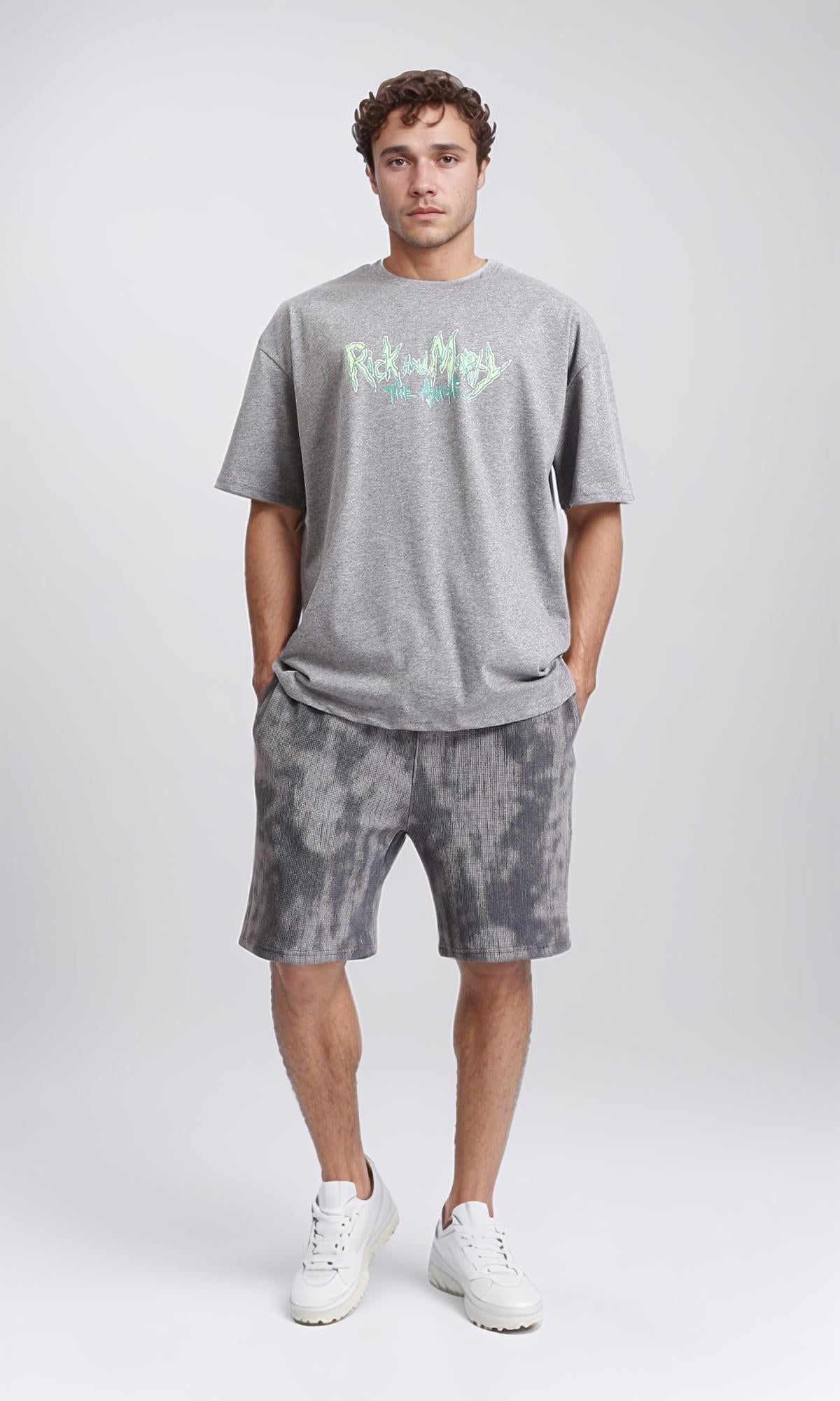 R208982 - Printed Elbow Sleeves Cotton Tee - Heather Grey