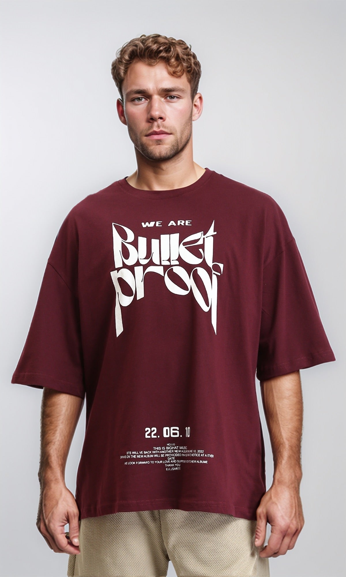 Relaxed Fit Printed Elbow Sleeves Tee - Burgundy