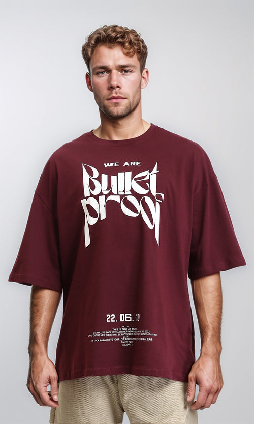 R208983 - Relaxed Fit Printed Elbow Sleeves Tee - Burgundy