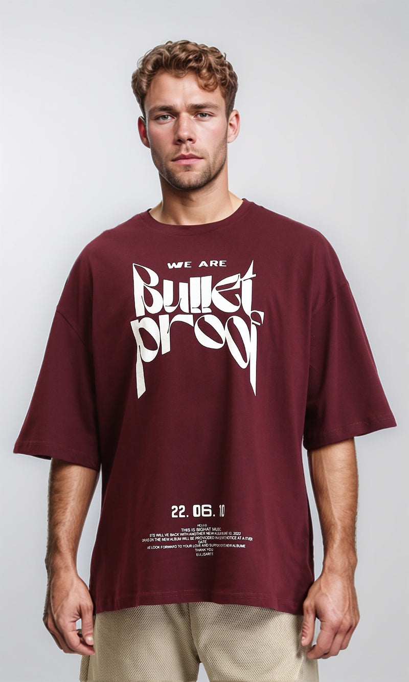 R208983 - Relaxed Fit Printed Elbow Sleeves Tee - Burgundy