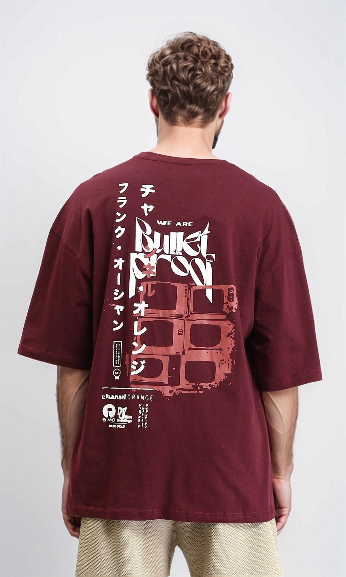 R208983 - Relaxed Fit Printed Elbow Sleeves Tee - Burgundy