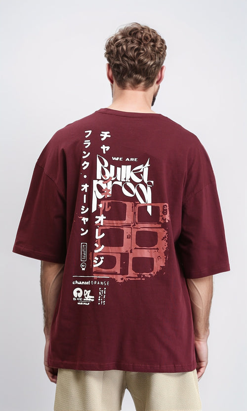 R208983 - Relaxed Fit Printed Elbow Sleeves Tee - Burgundy