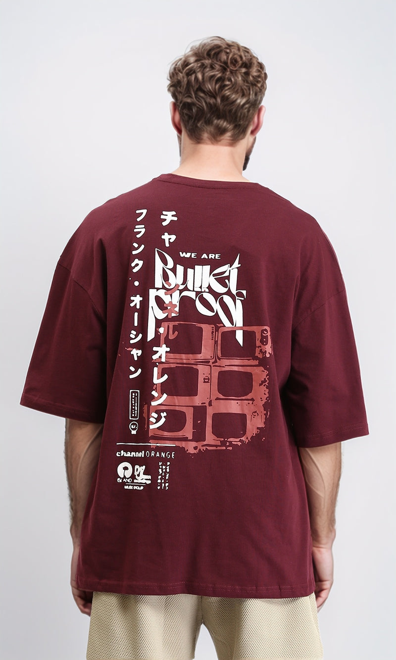 R208983 - Relaxed Fit Printed Elbow Sleeves Tee - Burgundy