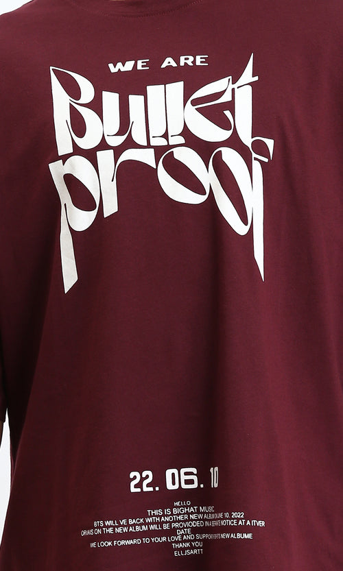 R208983 - Relaxed Fit Printed Elbow Sleeves Tee - Burgundy