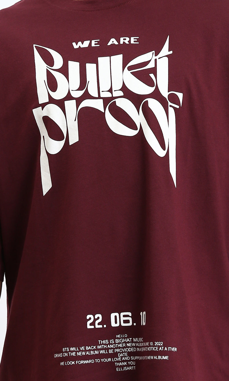 R208983 - Relaxed Fit Printed Elbow Sleeves Tee - Burgundy