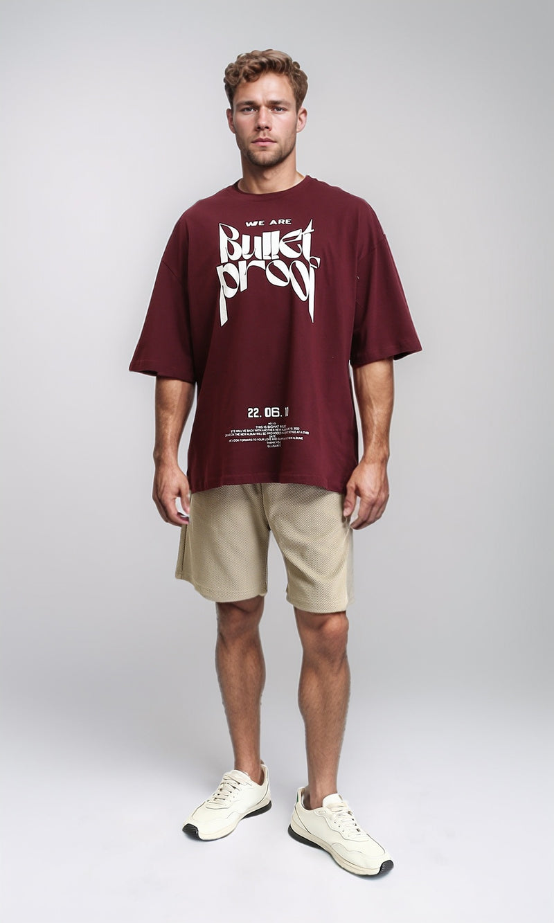 R208983 - Relaxed Fit Printed Elbow Sleeves Tee - Burgundy