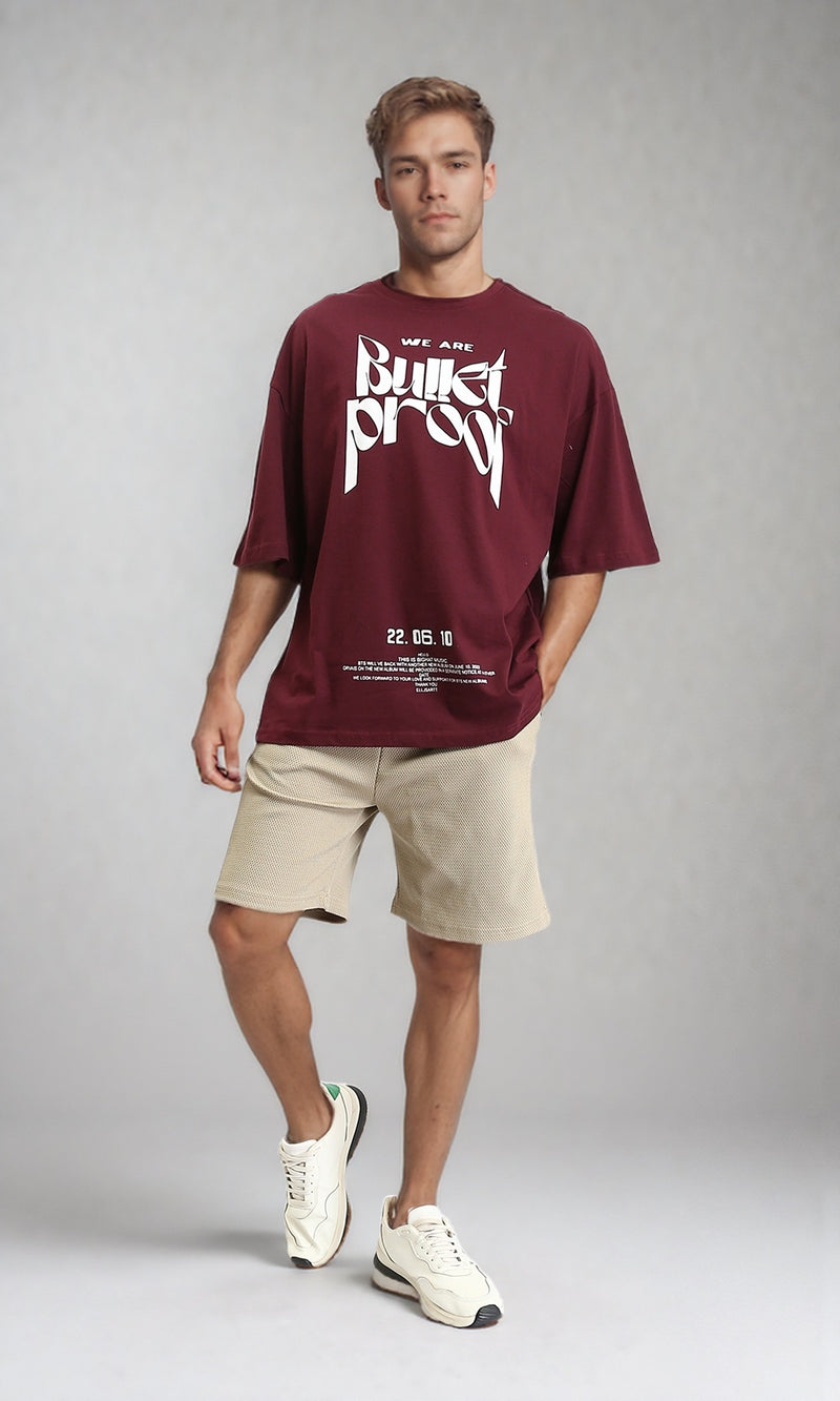 R208983 - Relaxed Fit Printed Elbow Sleeves Tee - Burgundy