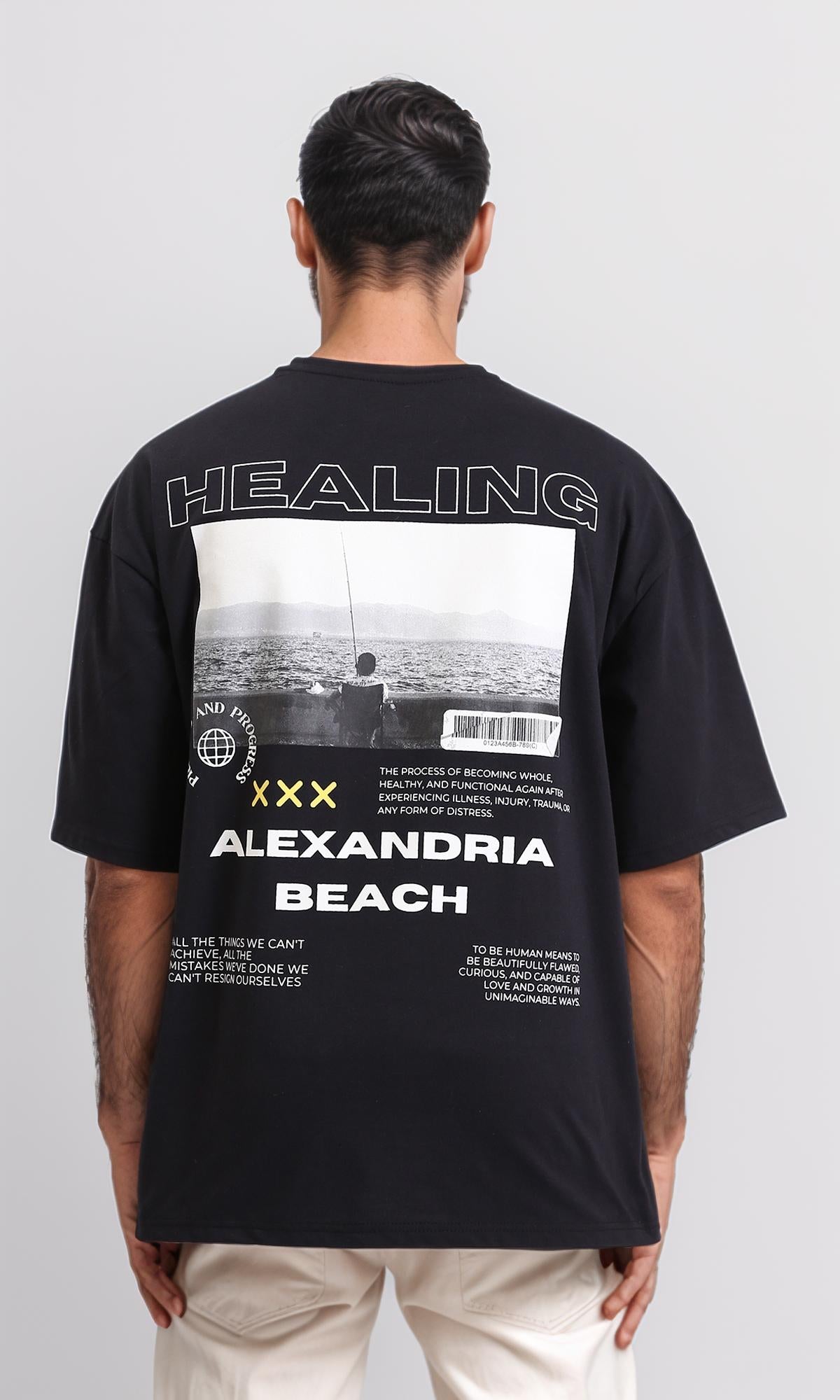 R208984-"Alexandria Beach" Black Loose Cotton Tee