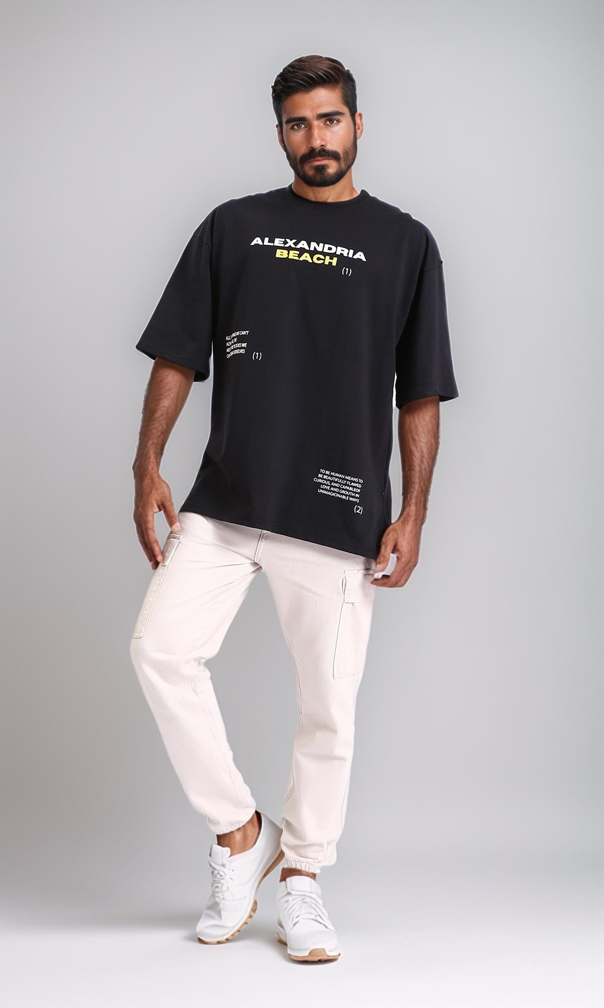 R208984-"Alexandria Beach" Black Loose Cotton Tee