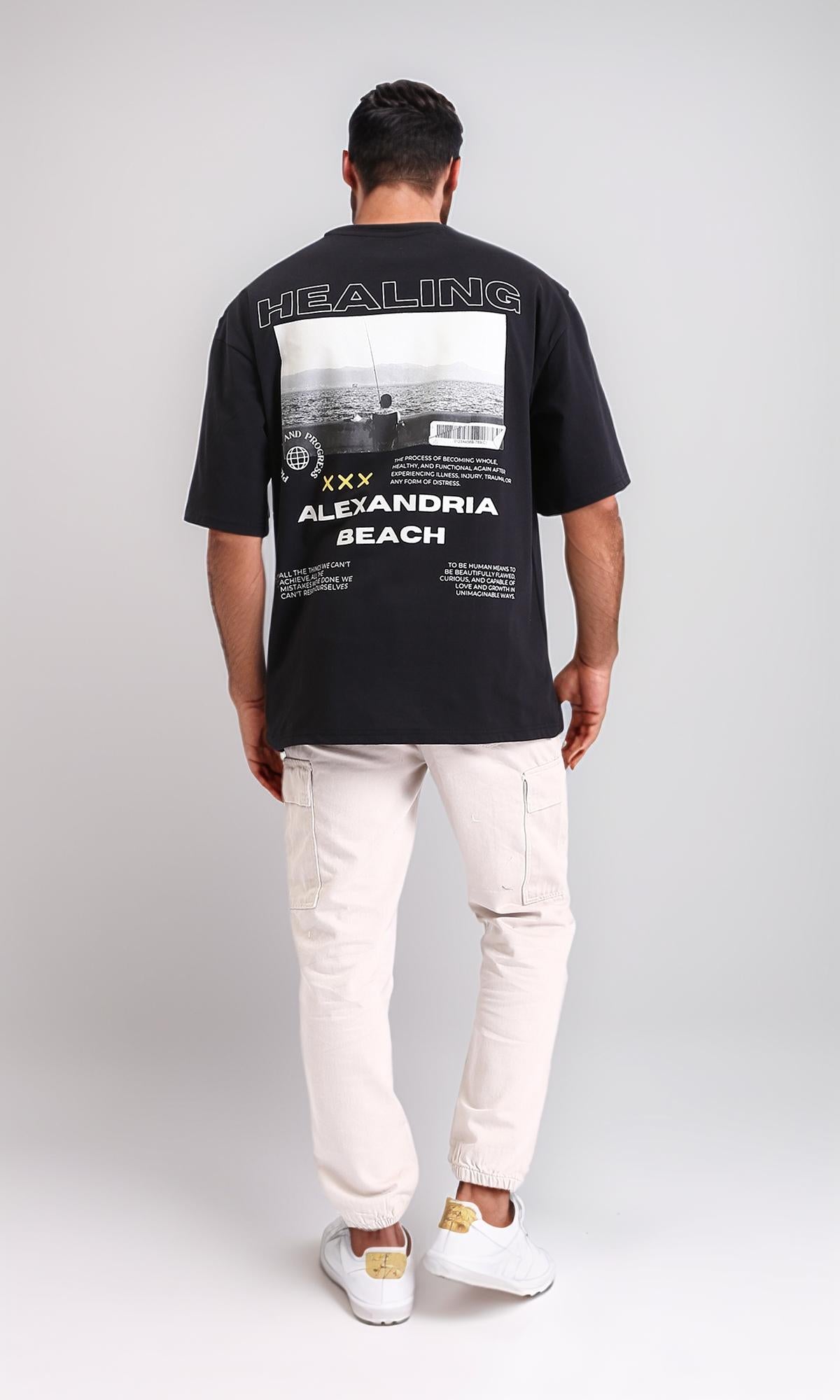 R208984-"Alexandria Beach" Black Loose Cotton Tee