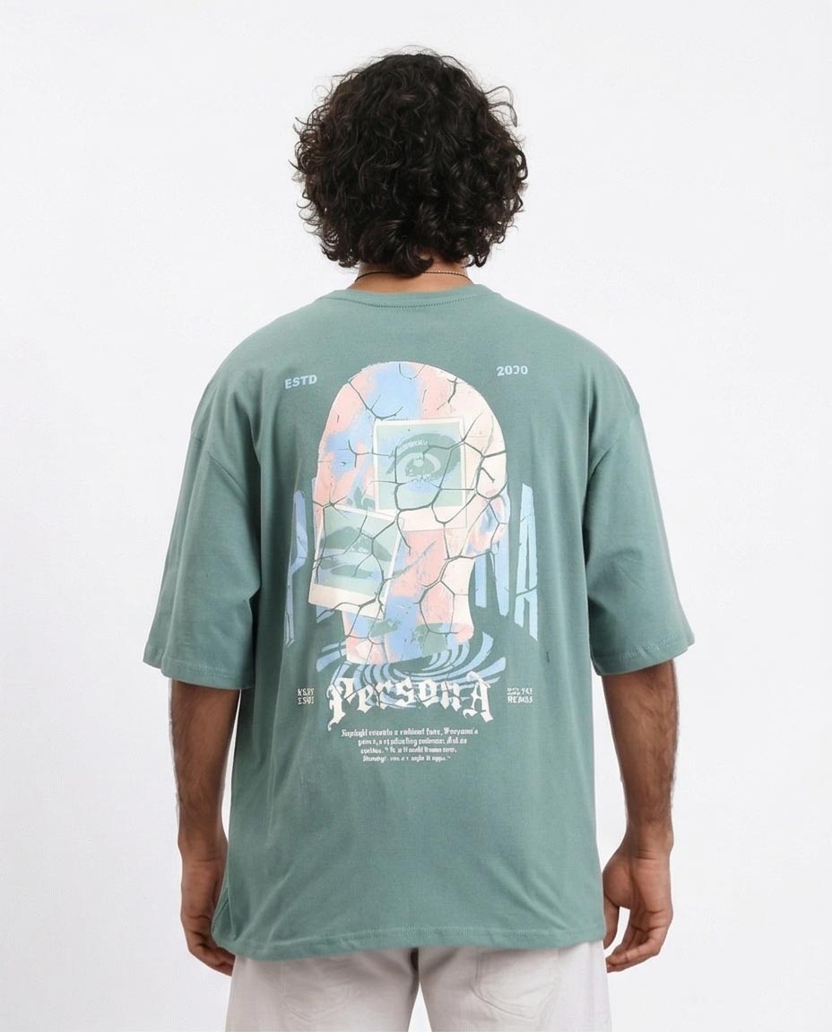 Ravin "Persona" Surrealist Print Oversized Graphic T-Shirt in Sage - R209087