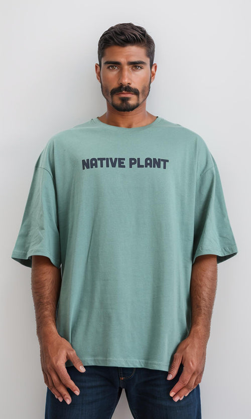 R209088 - Printed "Native Plant" Loose Slip On Tee - Dark Mint