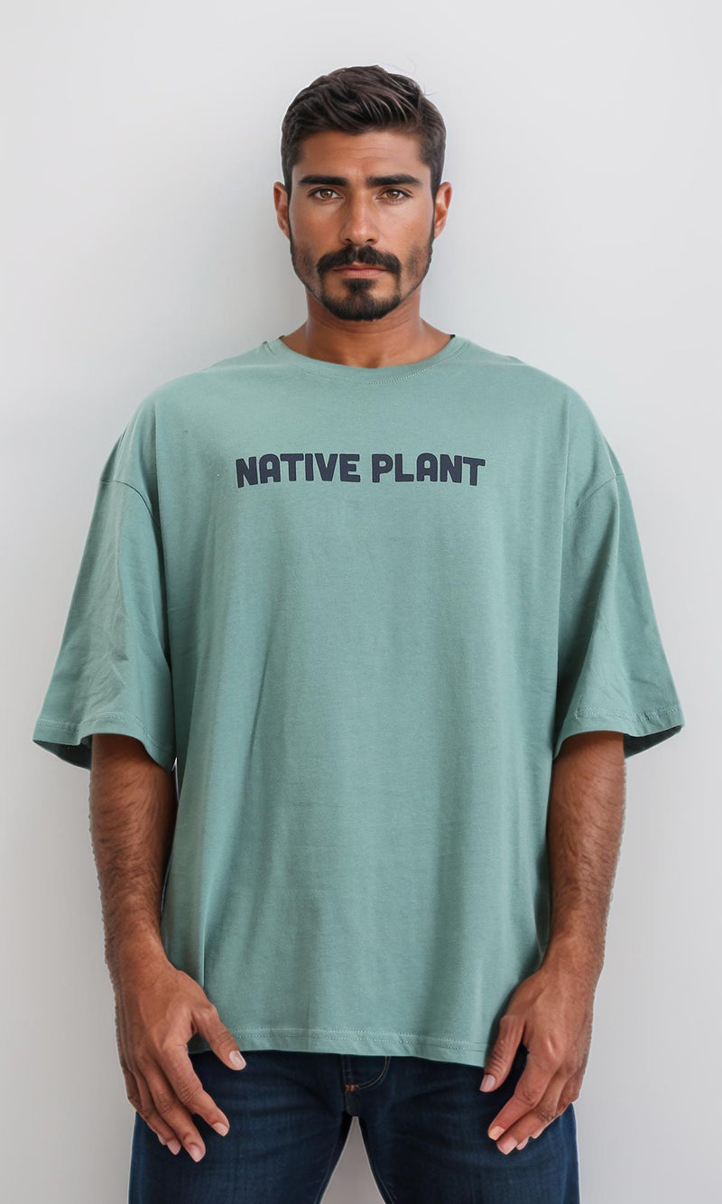 R209088 - Printed "Native Plant" Loose Slip On Tee - Dark Mint