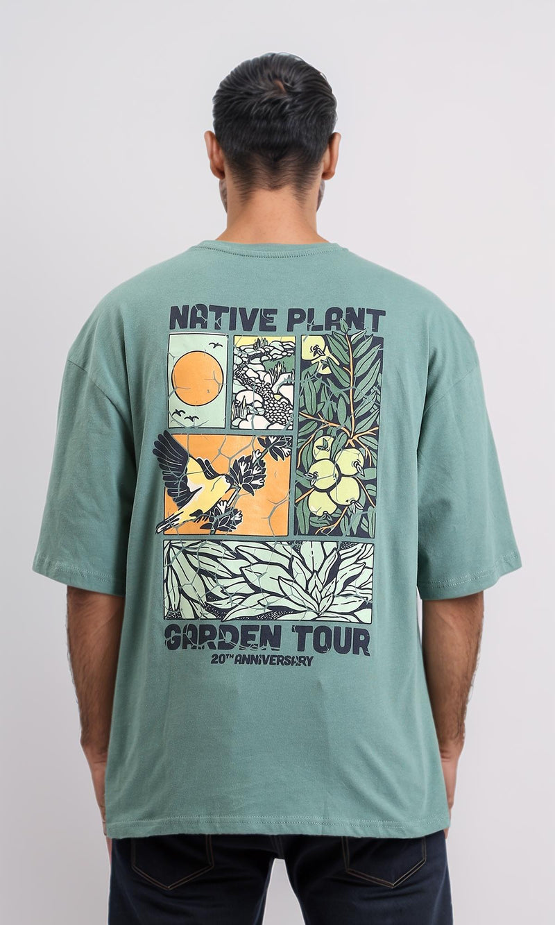 R209088 - Printed "Native Plant" Loose Slip On Tee - Dark Mint