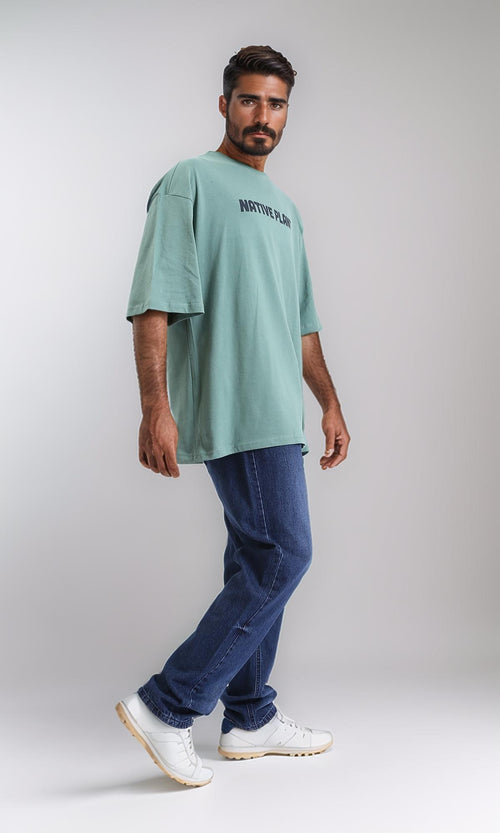 R209088 - Printed "Native Plant" Loose Slip On Tee - Dark Mint