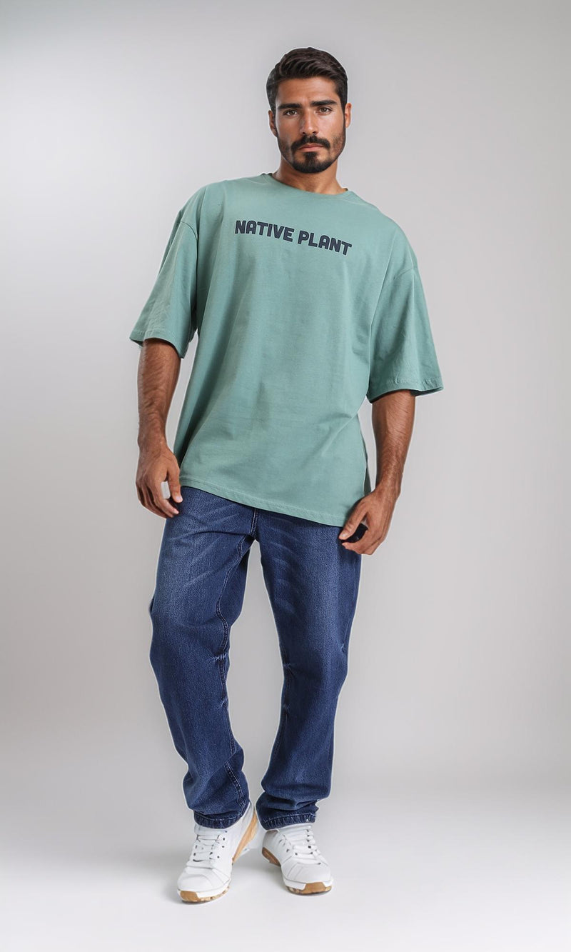 R209088 - Printed "Native Plant" Loose Slip On Tee - Dark Mint