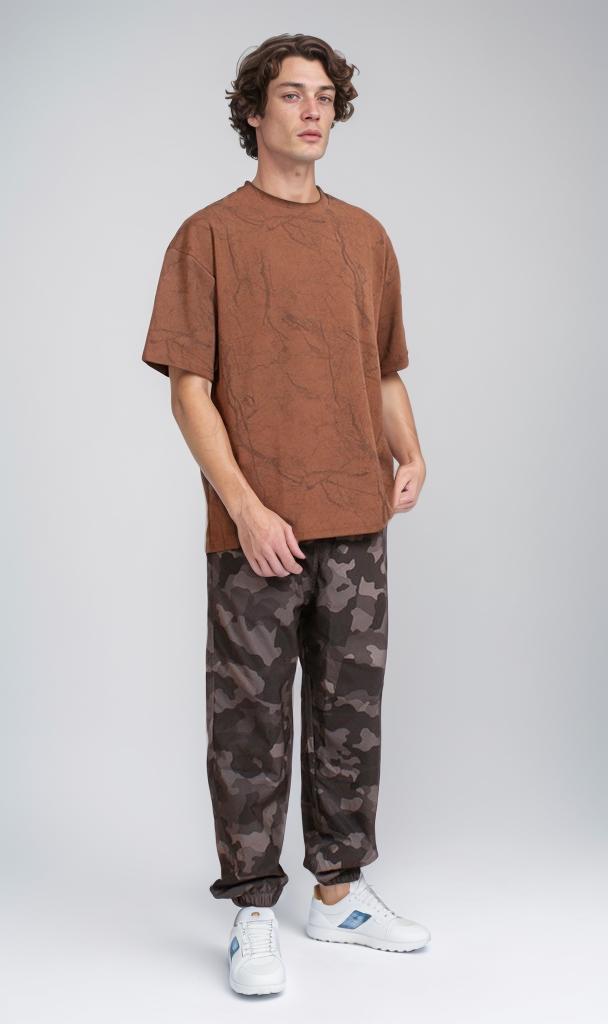 R209090 - Waffle Textured Oversized T-Shirt - Brown