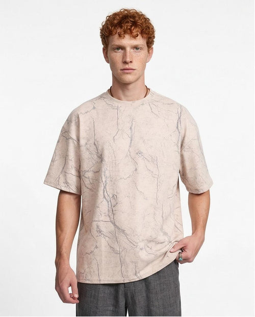 Men's Oversized Marble Print T-Shirt - Stone & Grey Cracked Vein