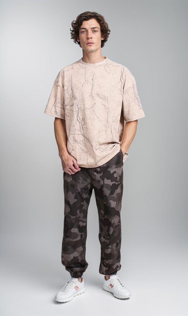 R209091 - Waffle Textured Oversized T-Shirt - Beige