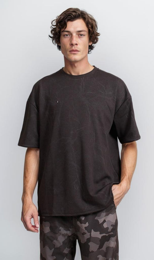 R209092 - Waffle Textured Oversized T-Shirt - Black