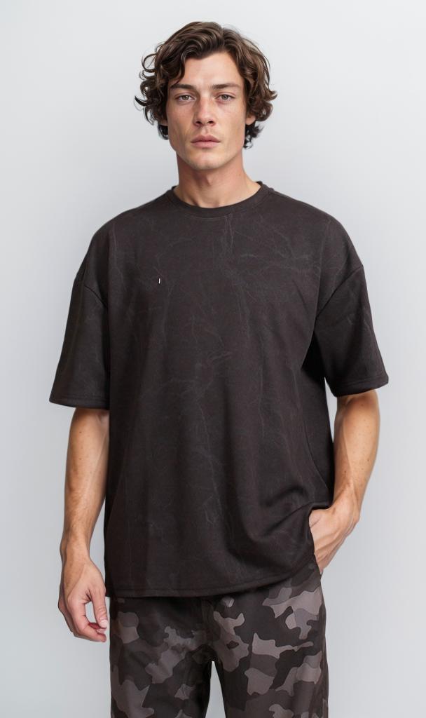 R209092 - Waffle Textured Oversized T-Shirt - Black
