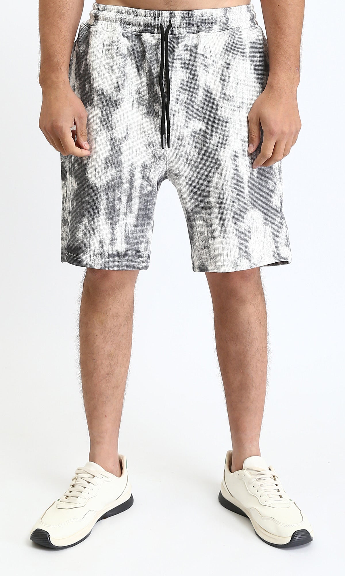 Patterned Slip On Shorts with Pockets - Grey & White