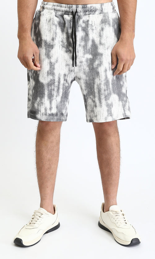 Patterned Slip On Shorts with Pockets - Grey & White