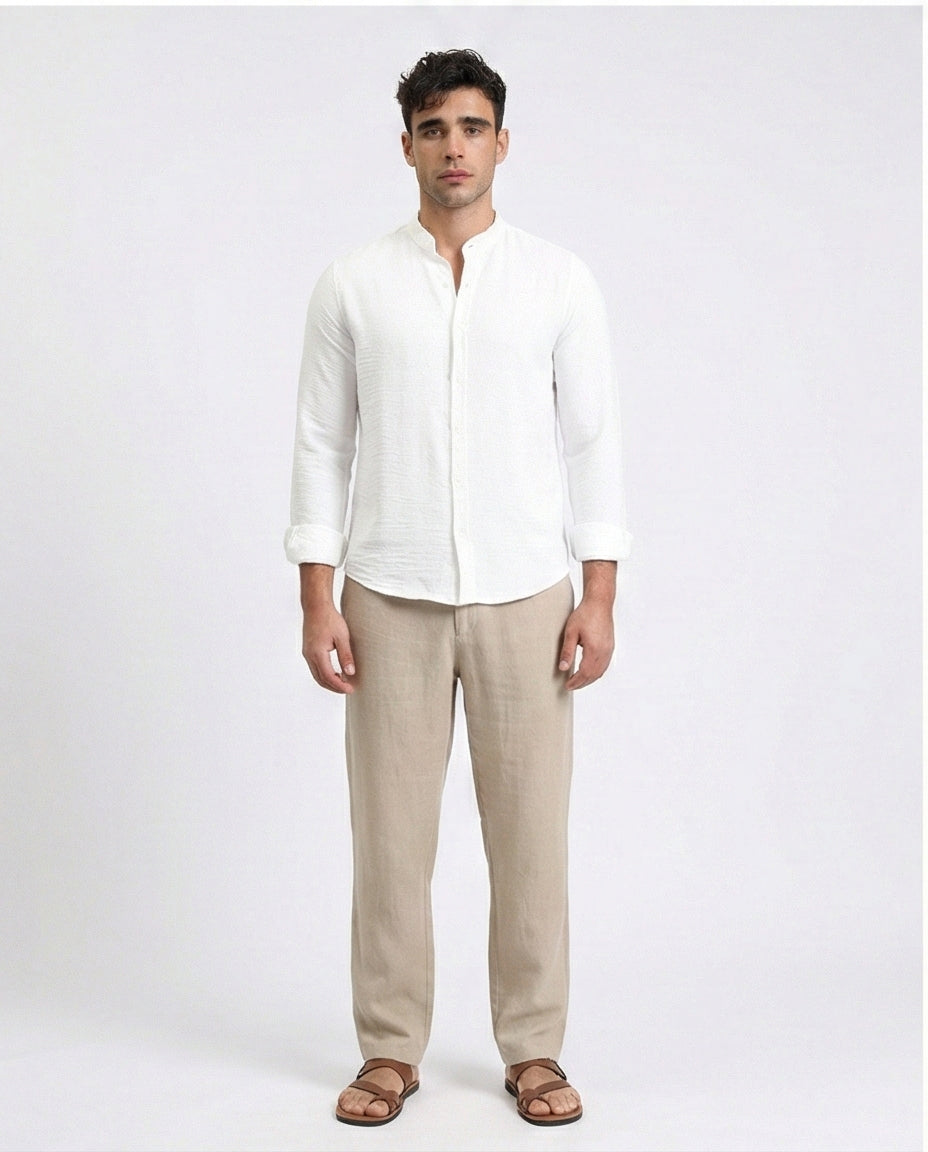 R209097 - Textured Shirt with Mandarin Collar - White
