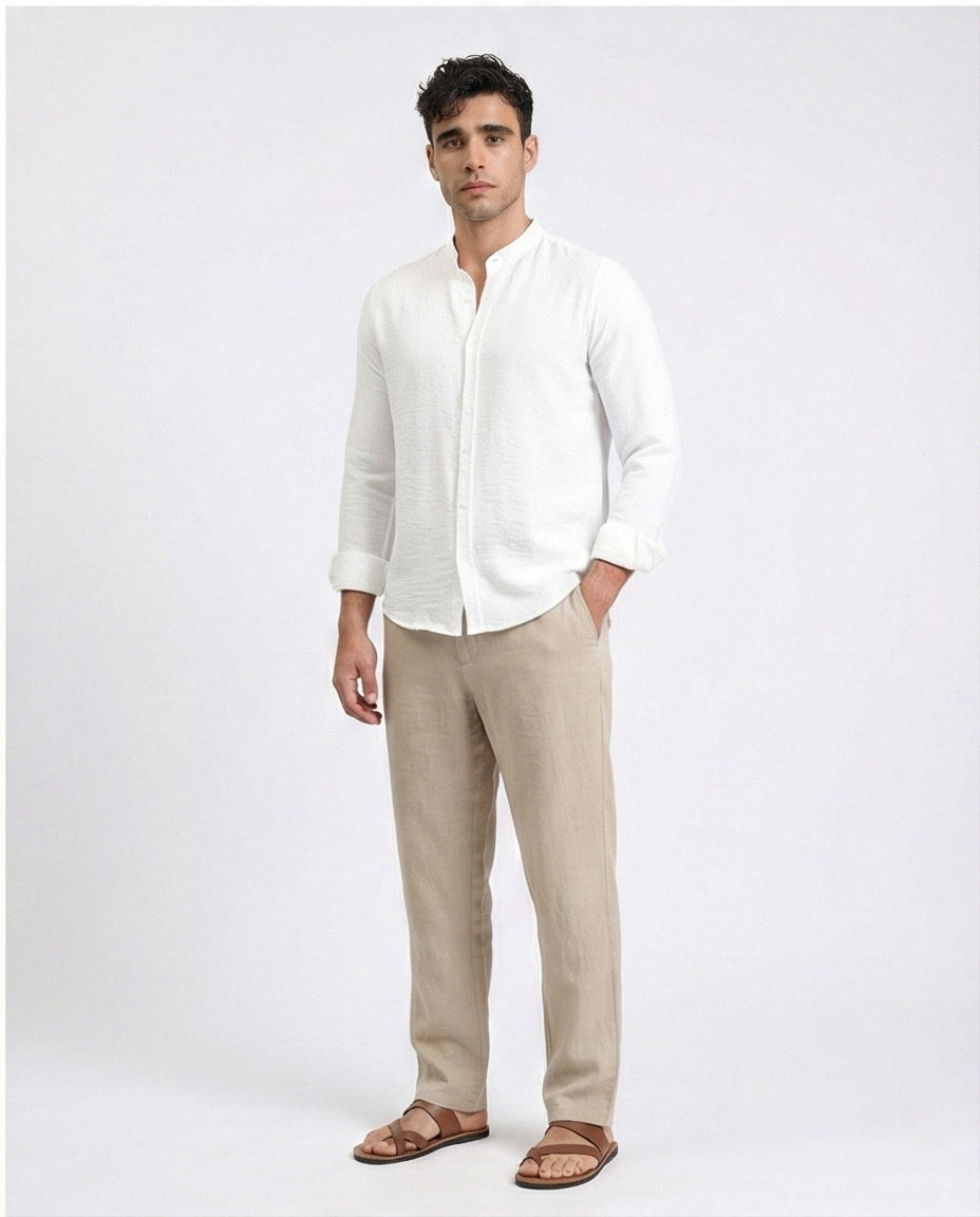 R209097 - Textured Shirt with Mandarin Collar - White